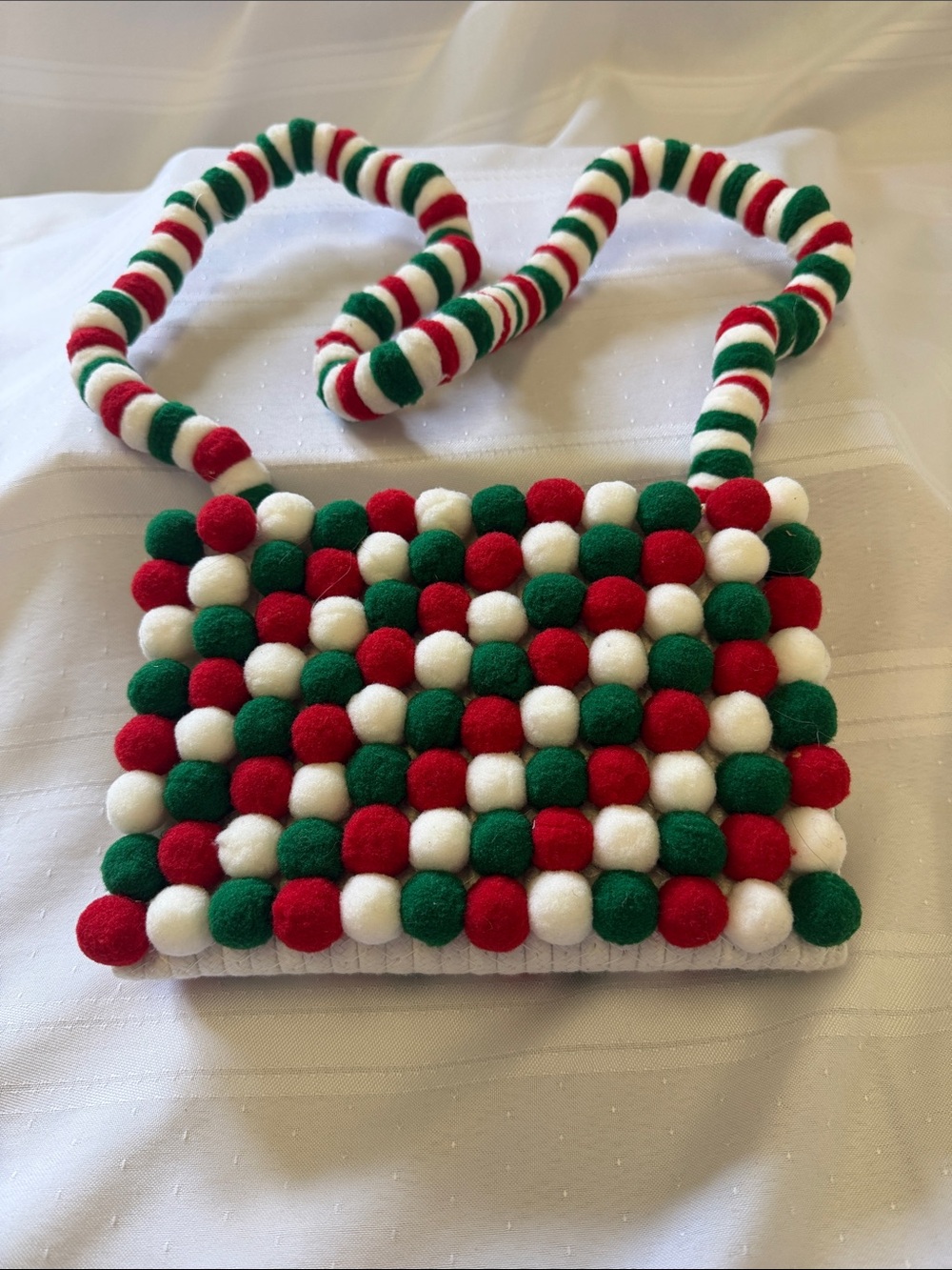 Festive Pom-Pom Shoulder Bag in Red, Green & White